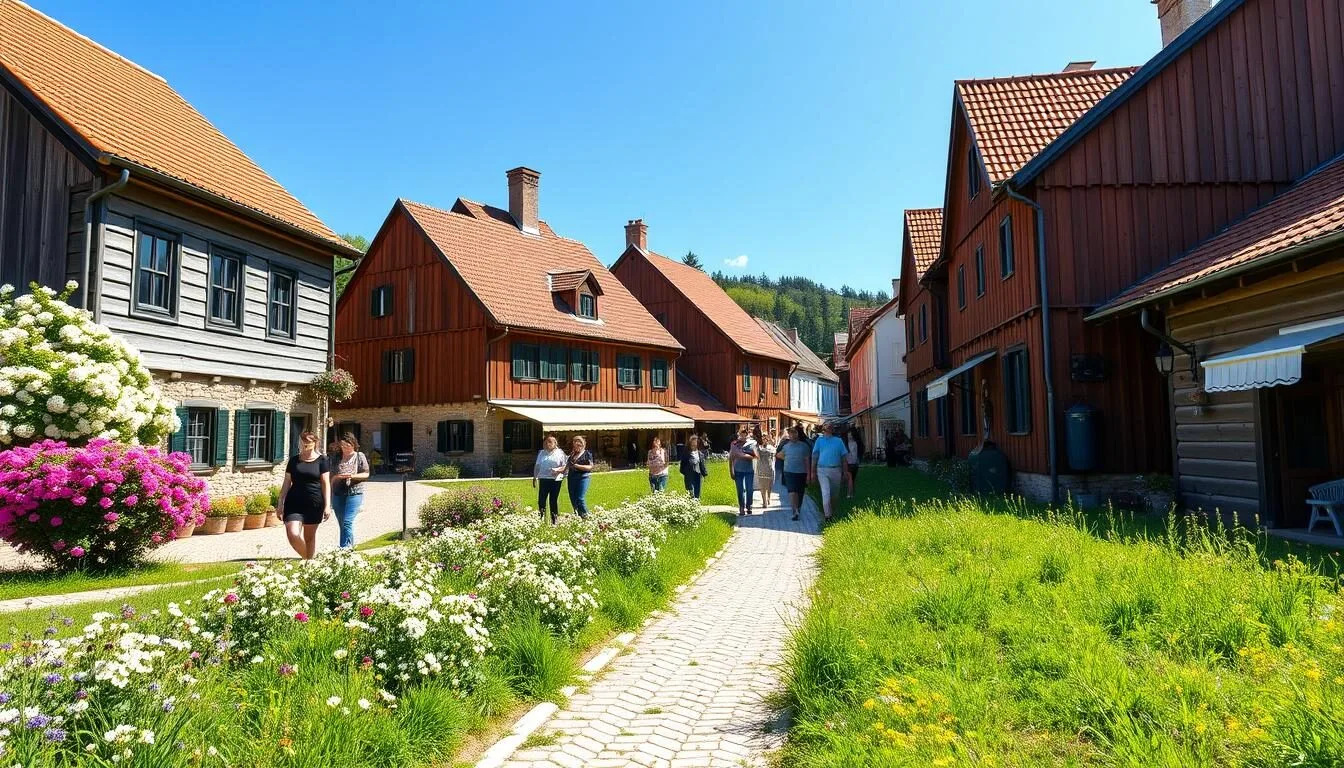 Spring landscape of Kumroec with blooming flowers and traditional houses