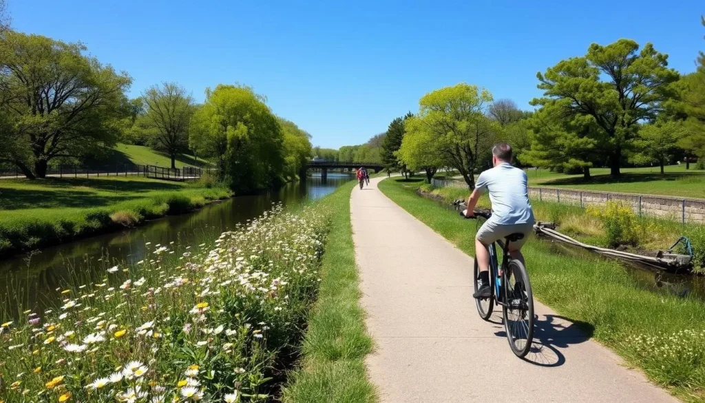 Spring scene at Hennepin Canal State Park showing wildflowers blooming along the towpath with cyclists enjoying the trail Spring scene at Hennepin Canal State Park showing wildflowers blooming along the towpath with cyclists enjoying the trail