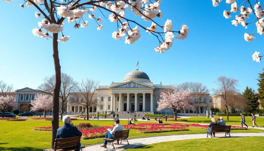 Spring scene in Sofia showing blooming trees in City Garden with the Ivan Vazov National Theatre in the background