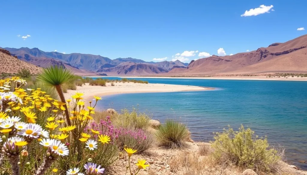 Spring view of Buckskin Mountain Beach with wildflowers and the Colorado River