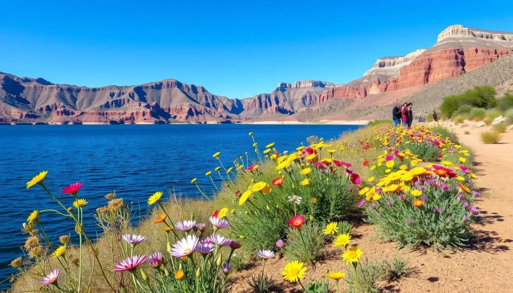 Spring wildflowers blooming along Canyon Lake's shoreline with mountains in background