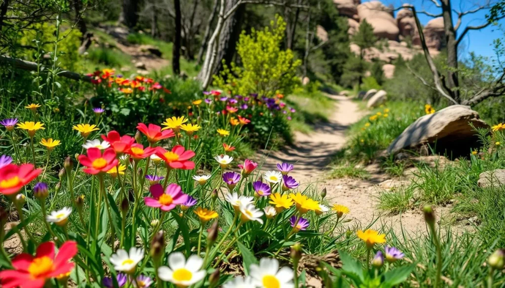 Spring wildflowers blooming along Castle Rock State Park California trails