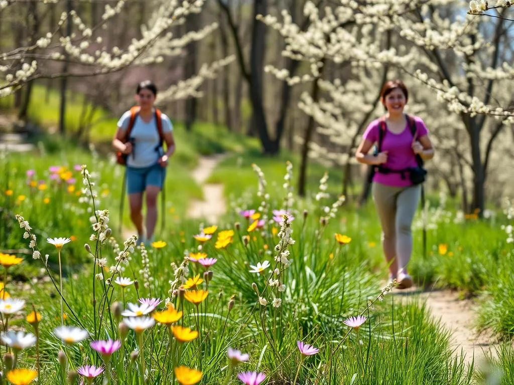 Spring wildflowers blooming along Franklin Creek trails with hikers enjoying the scenery