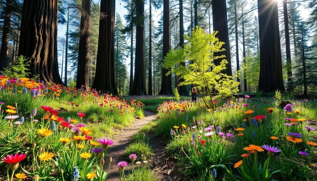 Spring wildflowers blooming along Limekiln State Park trails with ancient redwoods in the background Spring wildflowers blooming along Limekiln State Park trails with ancient redwoods in the background