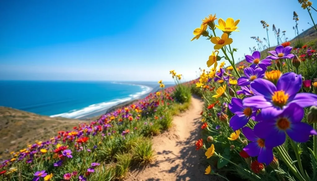 Spring wildflowers blooming along a trail in Point Mugu State Park with ocean views Spring wildflowers blooming along a trail in Point Mugu State Park with ocean views