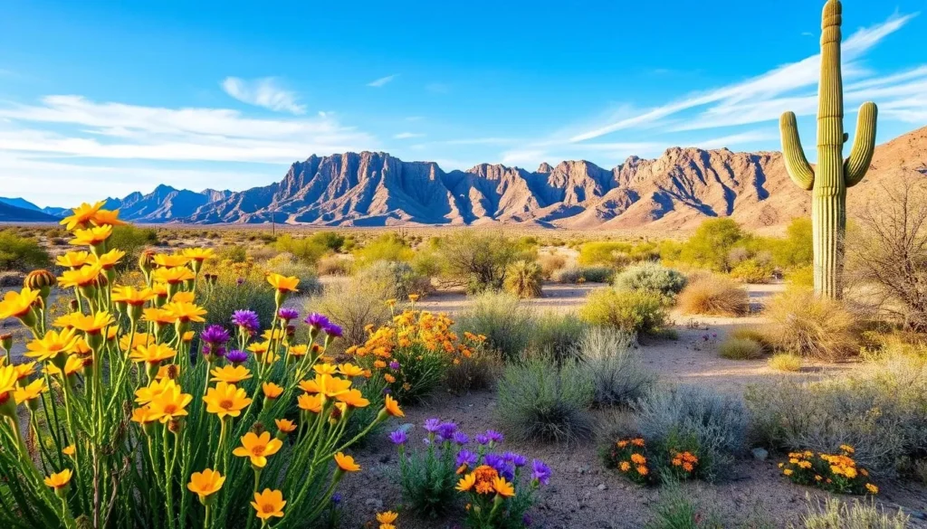 Spring wildflowers blooming along the Apache Trail with the Superstition Mountains in the background