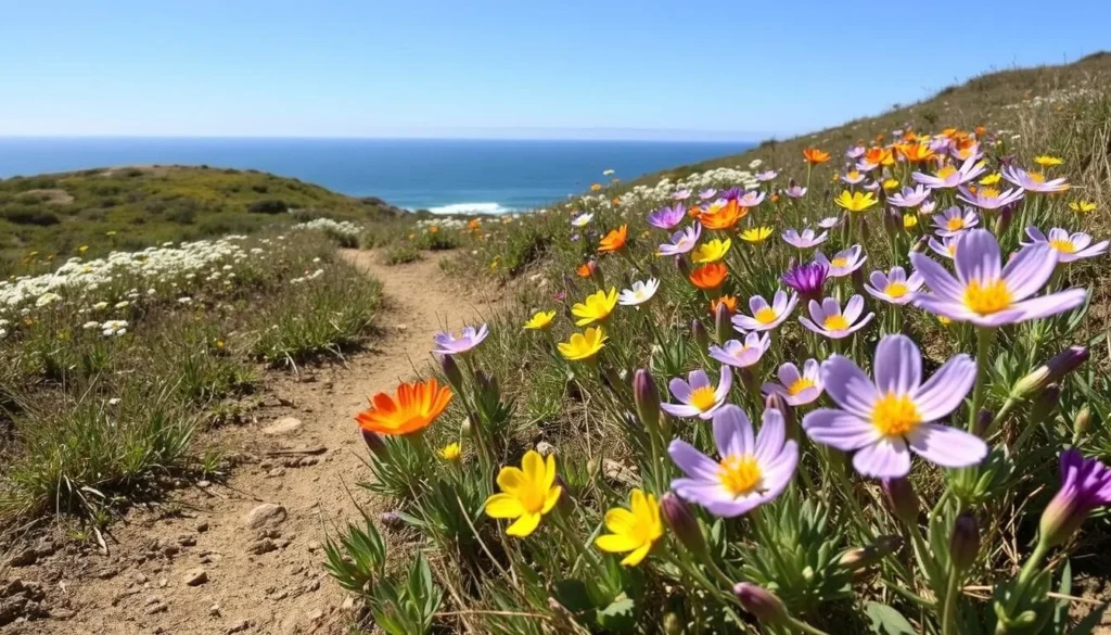 Spring wildflowers blooming along the Jug Handle State Natural Reserve trail with ocean in background Spring wildflowers blooming along the Jug Handle State Natural Reserve trail with ocean in background