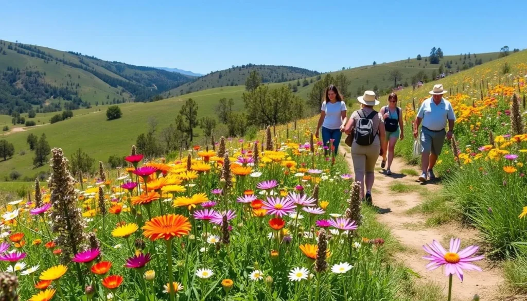 Spring wildflowers blooming along the trail at Burleigh H. Murray Ranch with hikers enjoying the scenery
