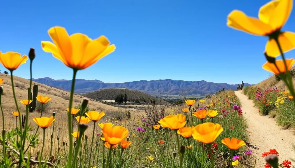 Spring wildflowers blooming along the trail to Chumash Painted Cave State Historic Park in the Santa Ynez Mountains Spring wildflowers blooming along the trail to Chumash Painted Cave State Historic Park in the Santa Ynez Mountains