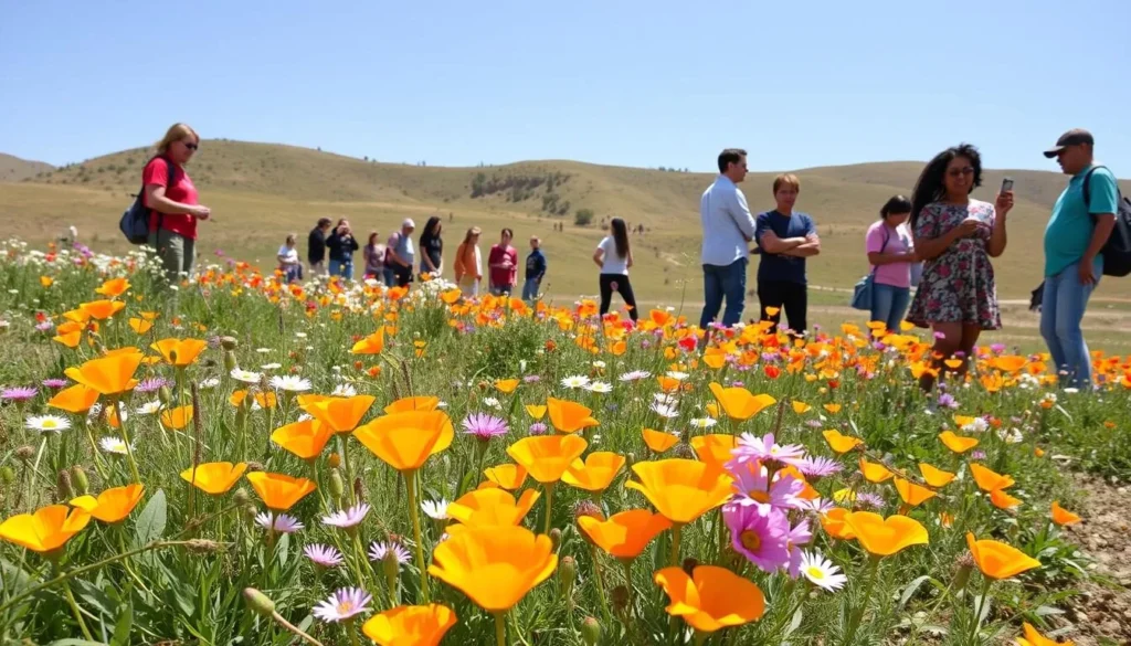 Spring wildflowers blooming at Carnegie State Vehicular Recreation Area with diverse visitors enjoying the scenery Spring wildflowers blooming at Carnegie State Vehicular Recreation Area with diverse visitors enjoying the scenery