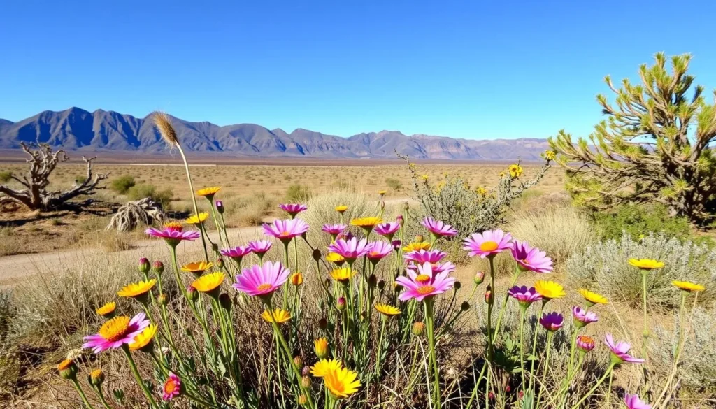 Spring wildflowers blooming at Coronado National Memorial with mountains in background