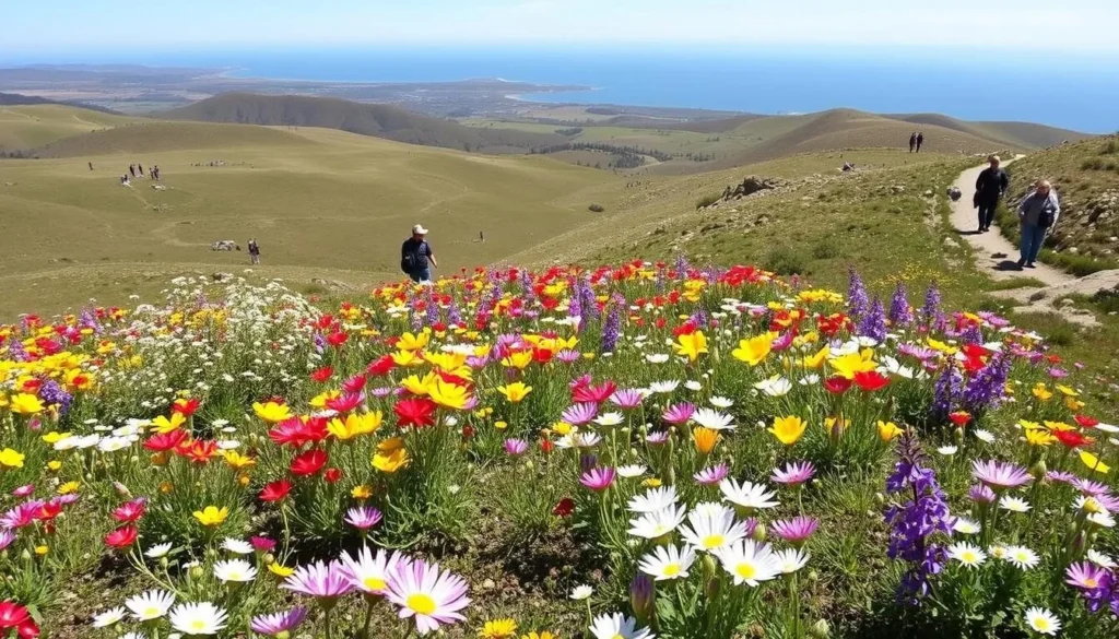 Spring wildflowers blooming at Hearst San Simeon State Park California with coastal views in the background Spring wildflowers blooming at Hearst San Simeon State Park California with coastal views in the background