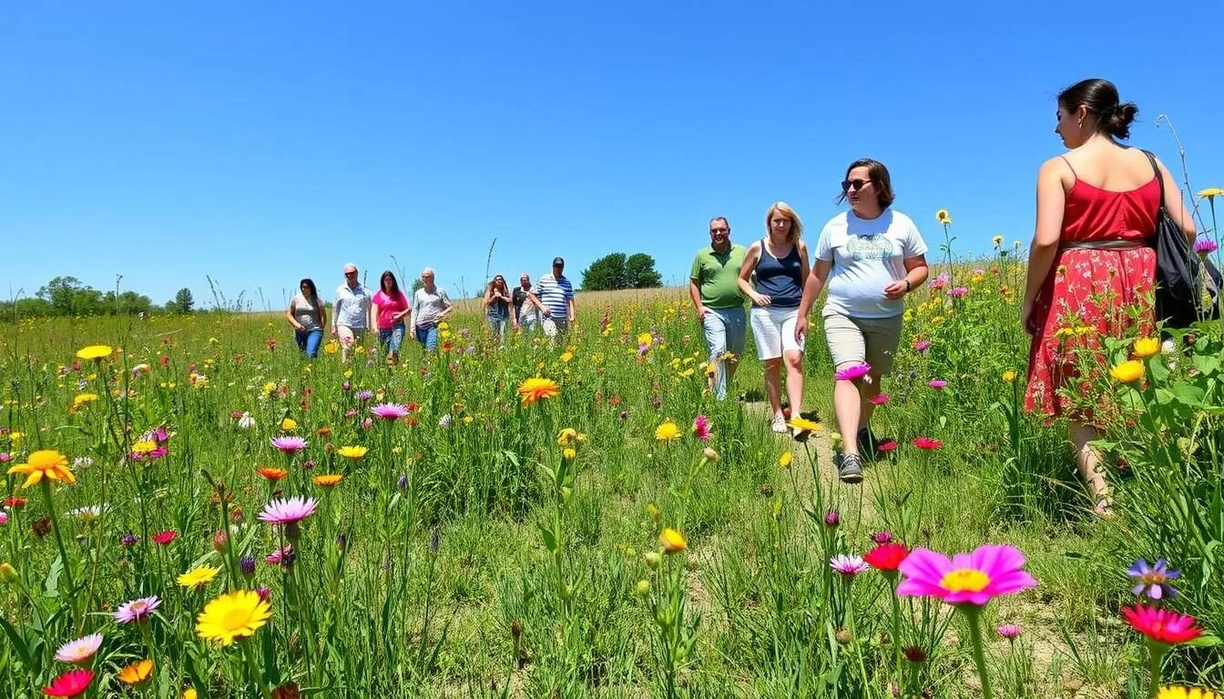 Spring-wildflowers-blooming-at-Hickory-Creek-Barrens-Nature-Preserve-Illinois-with-diverse Spring wildflowers blooming at Hickory Creek Barrens Nature Preserve Illinois with diverse visitors enjoying the trails
