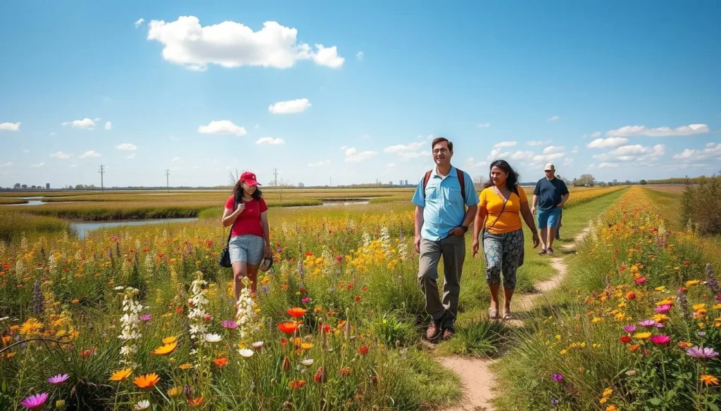 Spring wildflowers blooming at Long Run Seep Nature Preserve with diverse visitors enjoying the trails