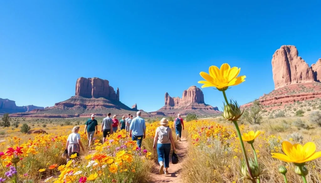 Spring wildflowers blooming in Chinle Valley with red rock formations in background