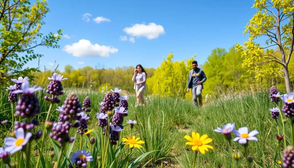 Spring wildflowers blooming in Iroquois County State Park with visitors hiking on a trail Spring wildflowers blooming in Iroquois County State Park with visitors hiking on a trail