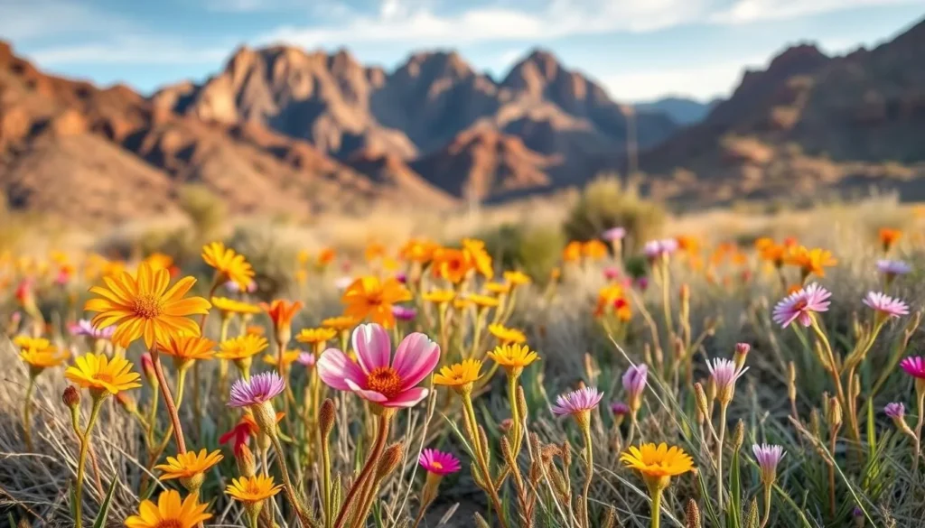 Spring wildflowers blooming in Kofa National Wildlife Refuge with mountains in the background Spring wildflowers blooming in Kofa National Wildlife Refuge with mountains in the background