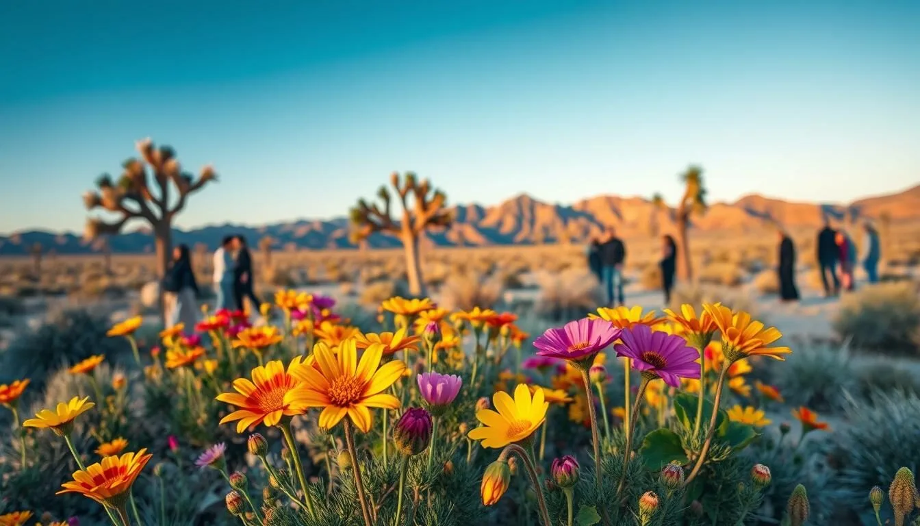Spring-wildflowers-blooming-in-Mojave-National-Preserve-with-Joshua-Trees-and-mountains-in Spring wildflowers blooming in Mojave National Preserve with Joshua Trees and mountains in background