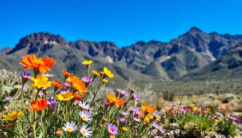 Spring wildflowers blooming in the Black Mountains with desert vegetation and mountain backdrop Spring wildflowers blooming in the Black Mountains with desert vegetation and mountain backdrop