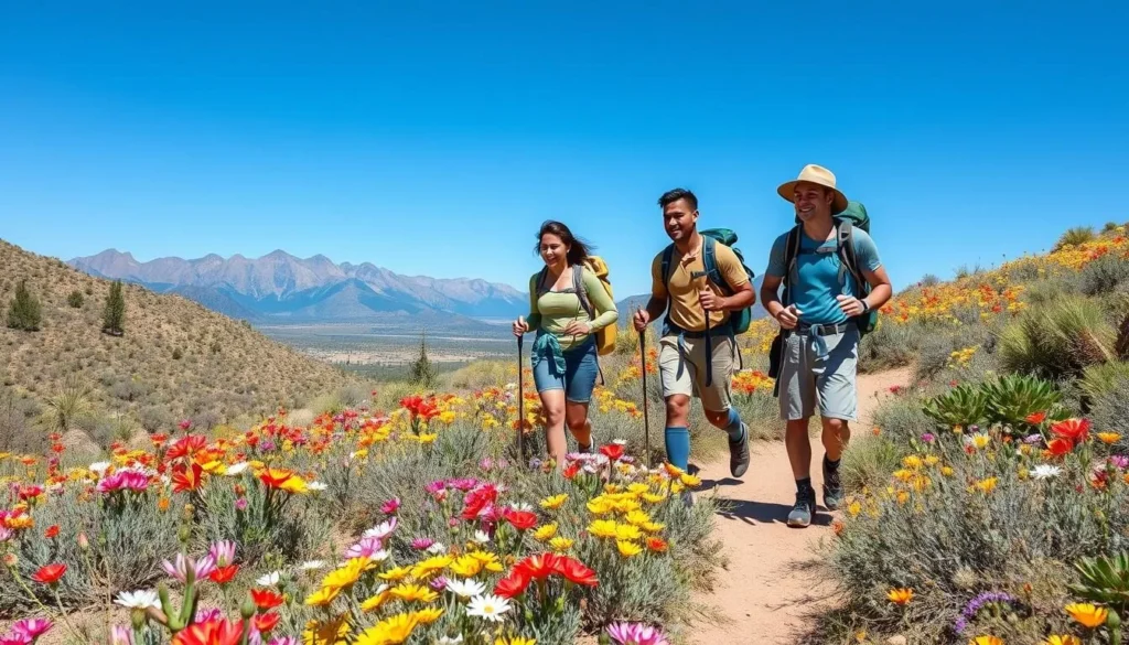 Spring wildflowers blooming in the Galiuro Mountains with diverse hikers enjoying the trail Spring wildflowers blooming in the Galiuro Mountains with diverse hikers enjoying the trail