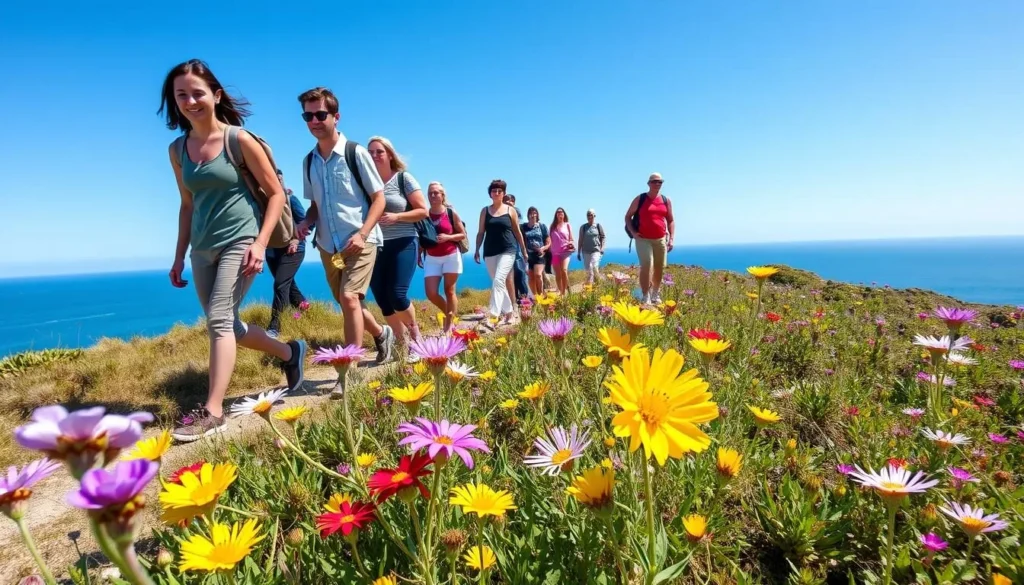 Spring wildflowers blooming near Dunsborough Western Australia with tourists hiking on a coastal trail Spring wildflowers blooming near Dunsborough Western Australia with tourists hiking on a coastal trail