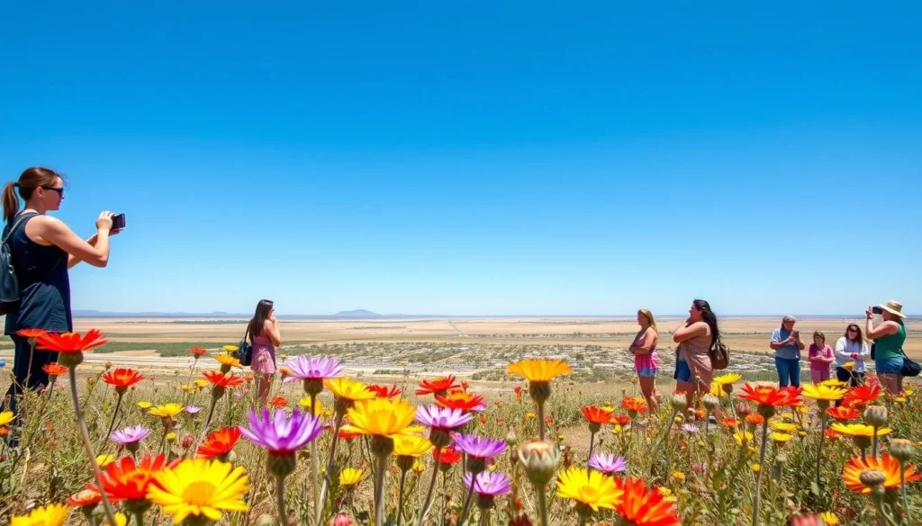 Spring wildflowers blooming near Port Augusta with tourists enjoying the scenery, one of the Port Augusta South Australia best things to do