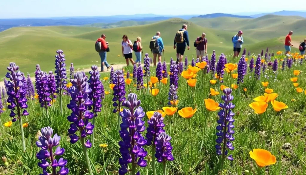 Spring wildflowers blooming on Mount Diablo slopes with hikers enjoying the trail Spring wildflowers blooming on Mount Diablo slopes with hikers enjoying the trail