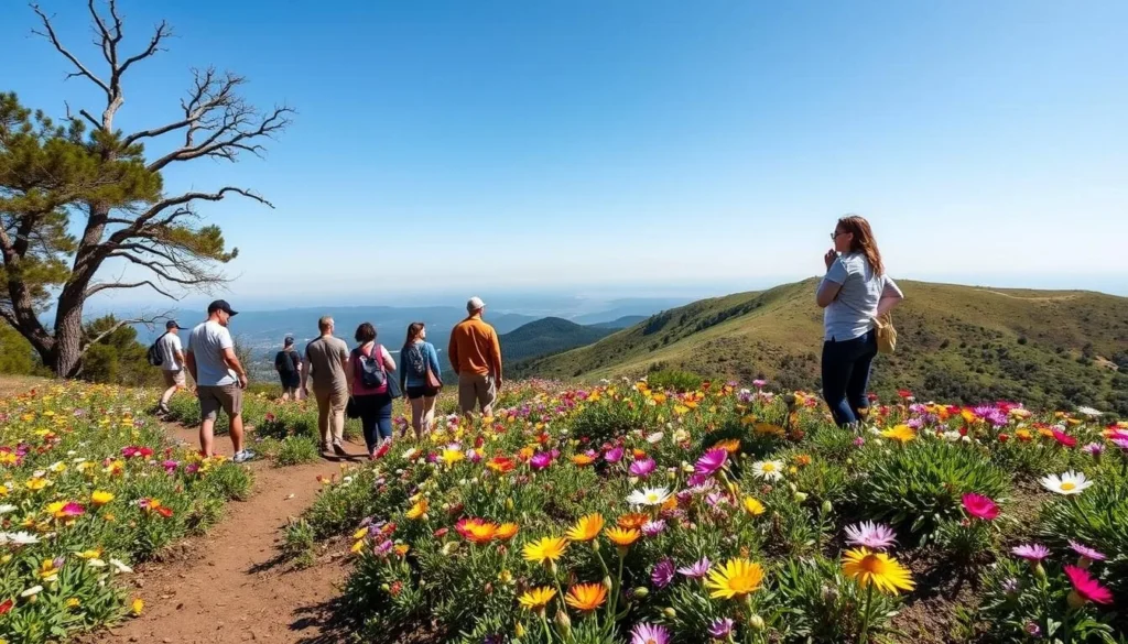 Spring wildflowers blooming on Mount Diablo trails with hikers enjoying the scenery Spring wildflowers blooming on Mount Diablo trails with hikers enjoying the scenery