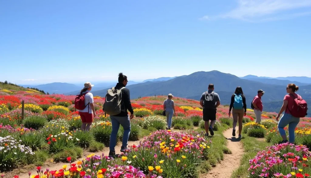 Spring wildflowers blooming on Mount Tamalpais trails with hikers enjoying the scenery Spring wildflowers blooming on Mount Tamalpais trails with hikers enjoying the scenery