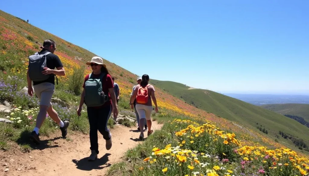 Spring wildflowers blooming on San Bruno Mountain with hikers enjoying the trail Spring wildflowers blooming on San Bruno Mountain with hikers enjoying the trail