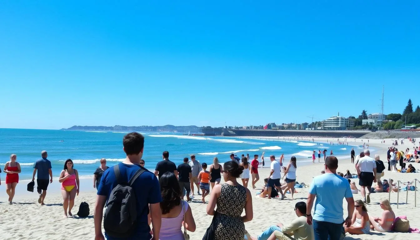 St. Clair Beach in Dunedin during summer with people enjoying the sunshine and waves