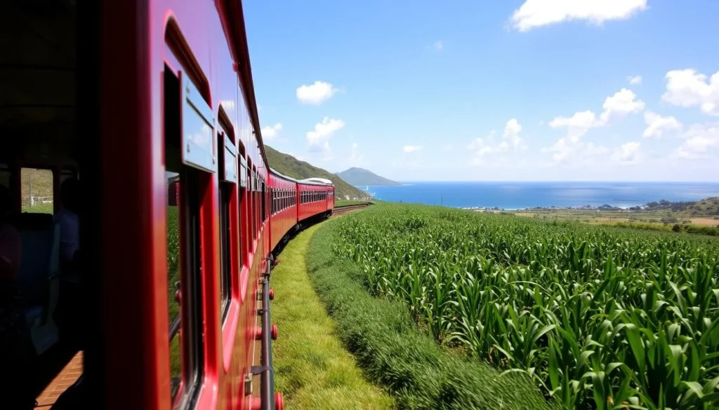 St. Kitts Scenic Railway train passing through lush sugar cane fields with ocean views St. Kitts Scenic Railway train passing through lush sugar cane fields with ocean views