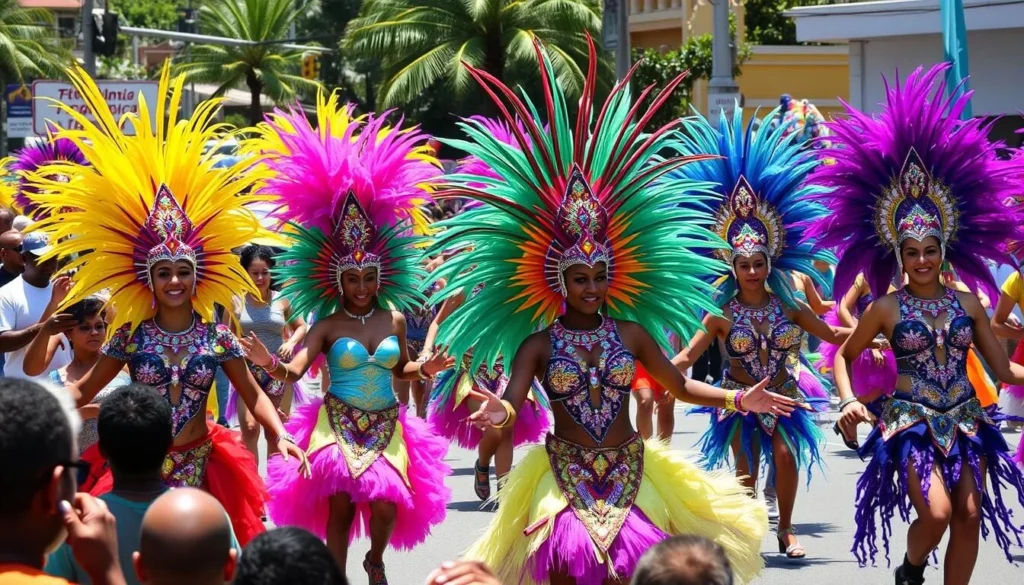 St. Lucia Carnival celebration with colorful costumes and dancing