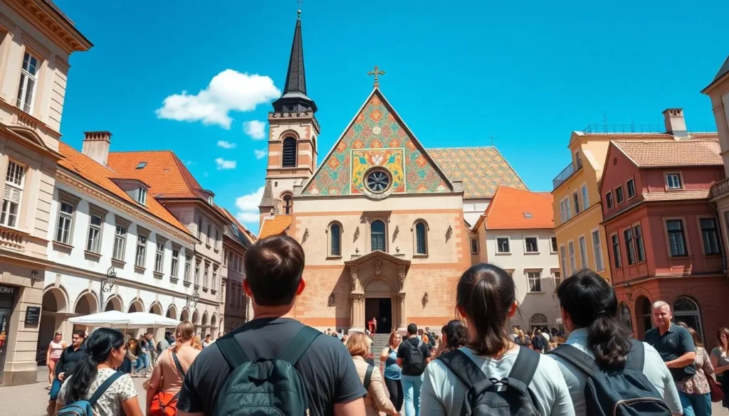 St. Mark's Church in Zagreb with its colorful tiled roof and diverse tourists admiring it