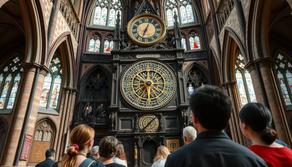 St. Mary's Church in Rostock with its famous astronomical clock and visitors admiring the interior