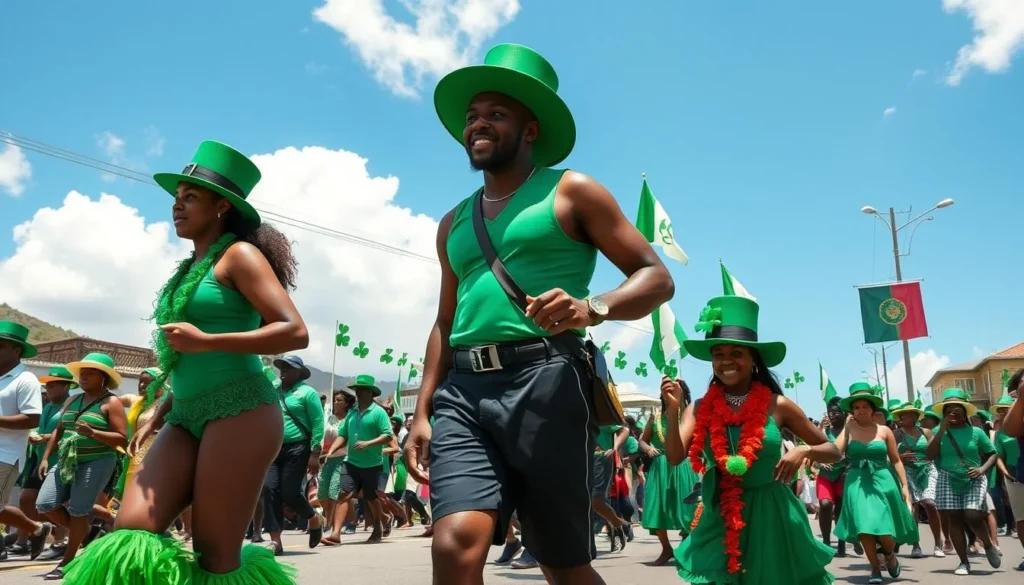 St. Patrick's Day Festival celebration in Montserrat with colorful parade and diverse participants
