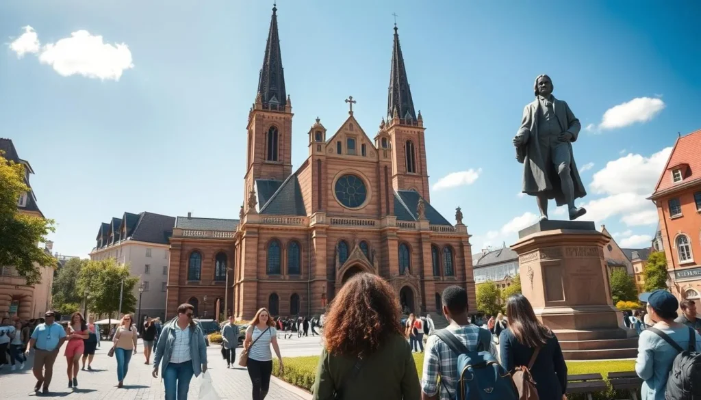 St. Thomas Church in Leipzig with Bach statue in foreground