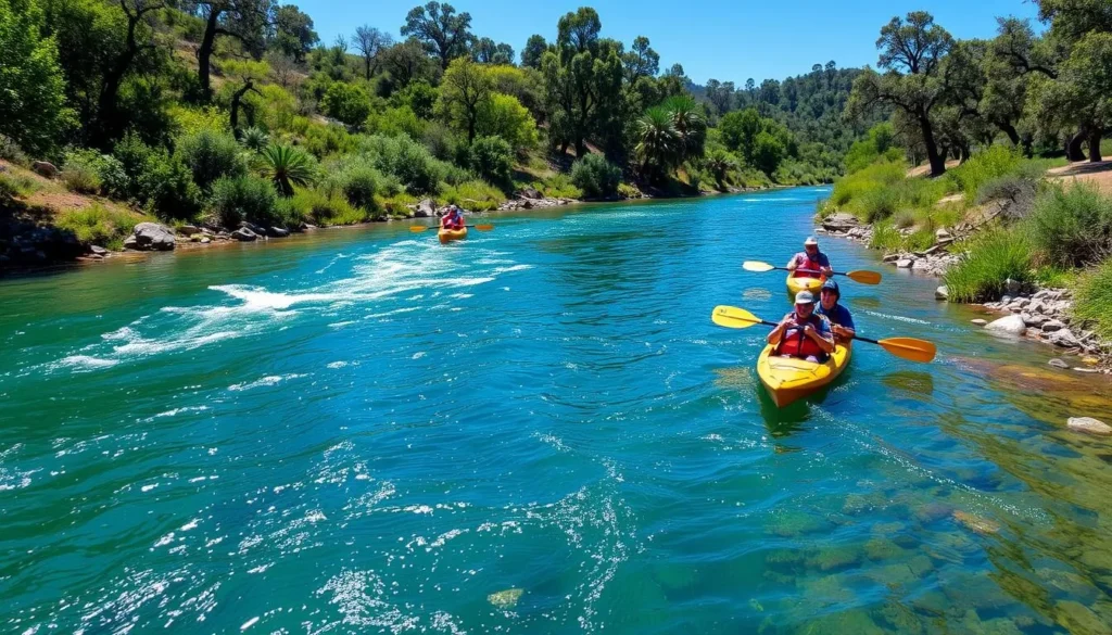 Stanislaus River flowing through Caswell Memorial State Park with kayakers enjoying the water Stanislaus River flowing through Caswell Memorial State Park with kayakers enjoying the water