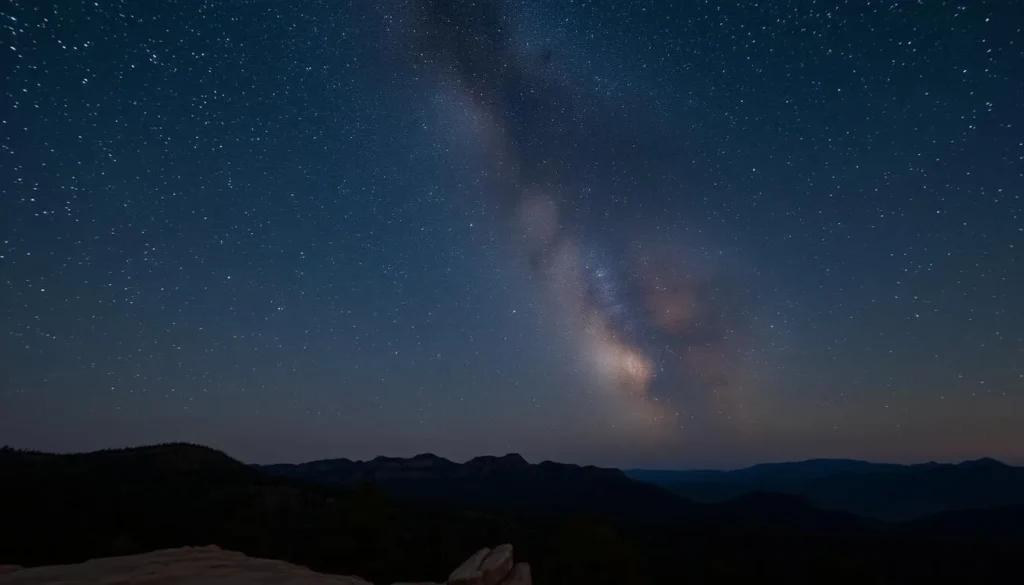Stargazing in the Hualapai Mountains with clear night sky showing Milky Way over pine trees Stargazing in the Hualapai Mountains with clear night sky showing Milky Way over pine trees