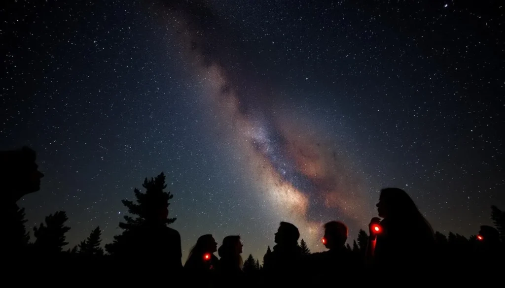Stargazing on the Kaibab Plateau with the Milky Way visible above silhouetted pine trees Stargazing on the Kaibab Plateau with the Milky Way visible above silhouetted pine trees