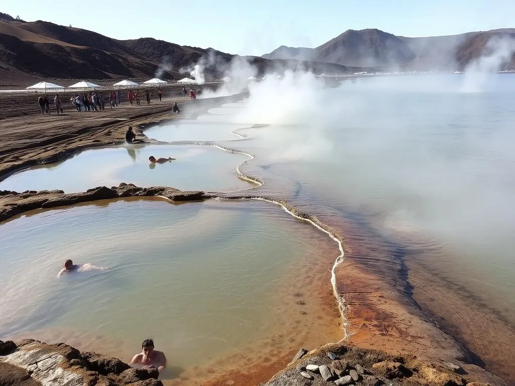 Steaming hot springs at the shore of Lake Shala with visitors enjoying the therapeutic waters Steaming hot springs at the shore of Lake Shala with visitors enjoying the therapeutic waters