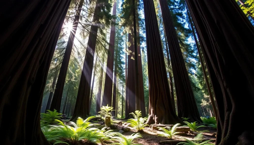 Stout Memorial Grove with massive redwood trees in Jedediah Smith Redwoods State Park Stout Memorial Grove with massive redwood trees in Jedediah Smith Redwoods State Park