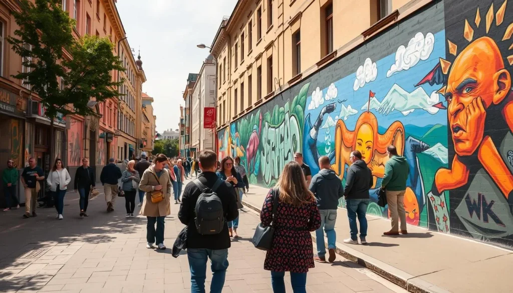 Street art murals on Kastrychnitskaya Street in Minsk with people admiring the colorful artwork