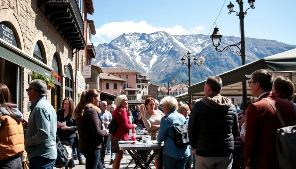 Street scene in Andorra la Vella showing locals and tourists interacting