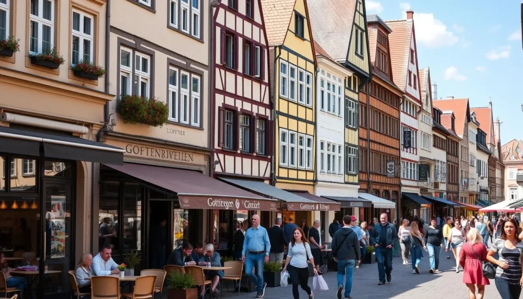 Street scene in Göttingen showing the pedestrian shopping area with cafes and shops