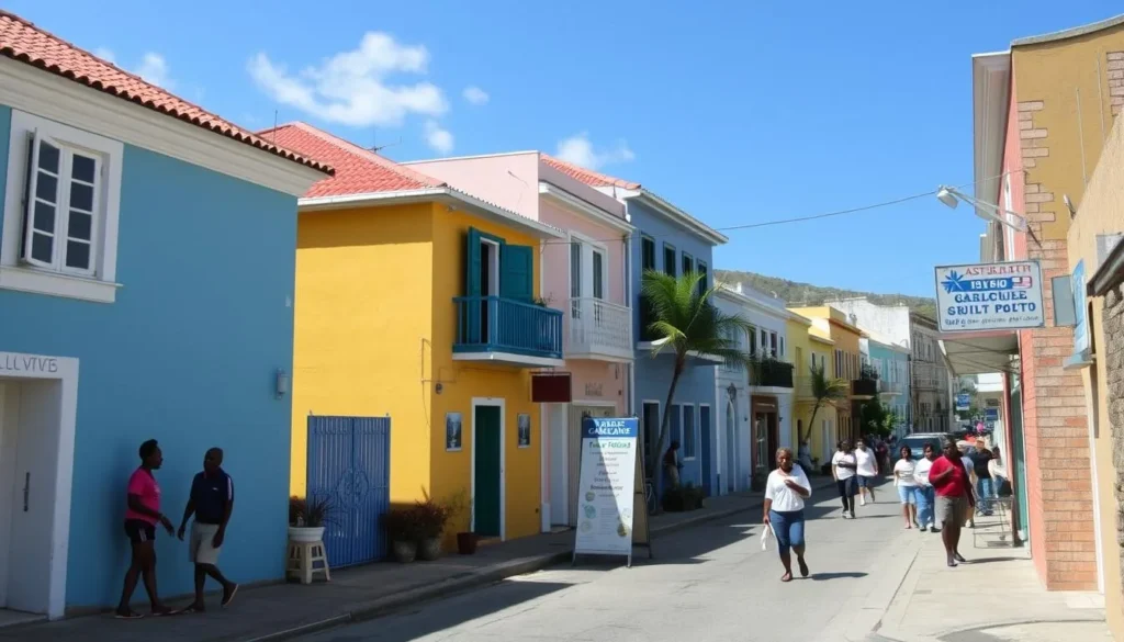 Street scene in Grand Case showing local life and architecture
