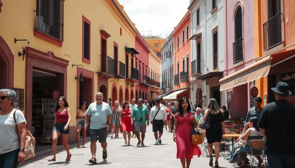 Street scene in Guanajuato showing the colorful buildings and daily life with diverse tourists and locals