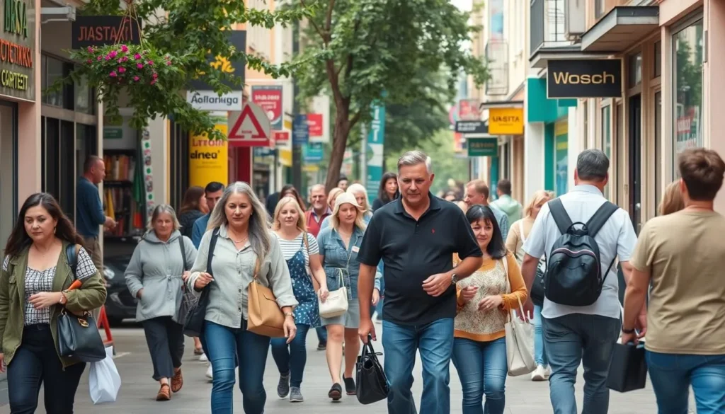 Street scene in Magnitogorsk showing local residents going about their daily activities
