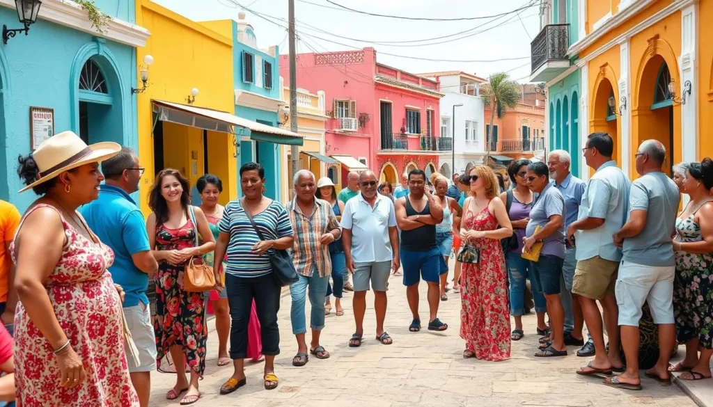 Street scene in Varadero with locals and tourists interacting in a friendly manner