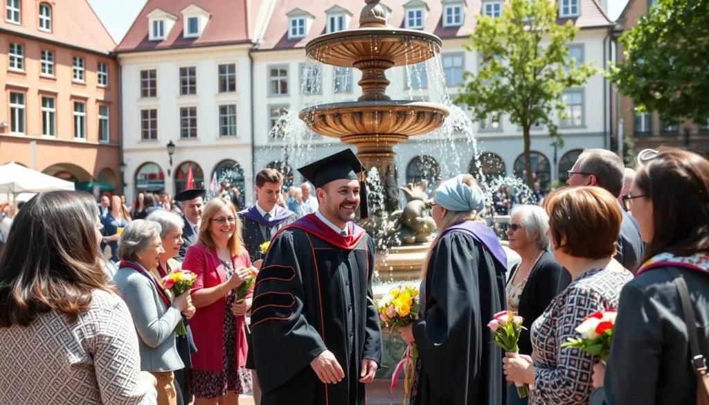 Students celebrating a doctoral graduation at the Gänseliesel fountain in Göttingen